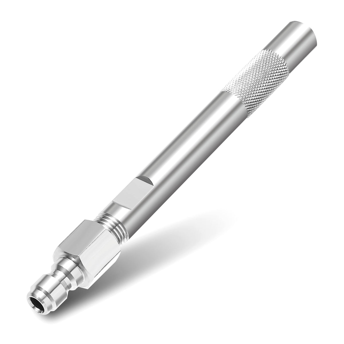 JOEJET front view of shooter tip showing compact quick-connect and polished body for easy attachment