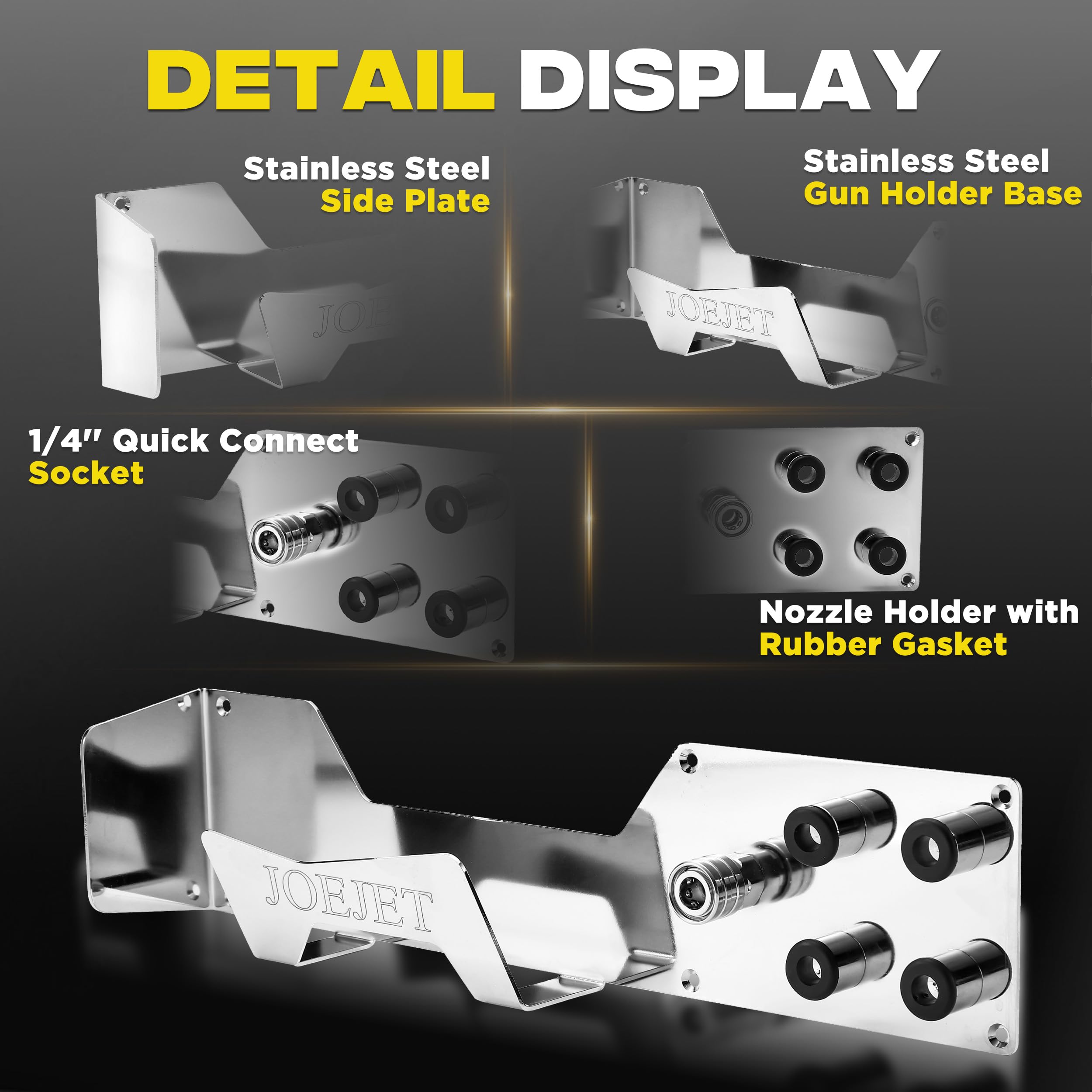 JOEJET nozzle tip holder detail showing rubber pads for secure hold benefit
