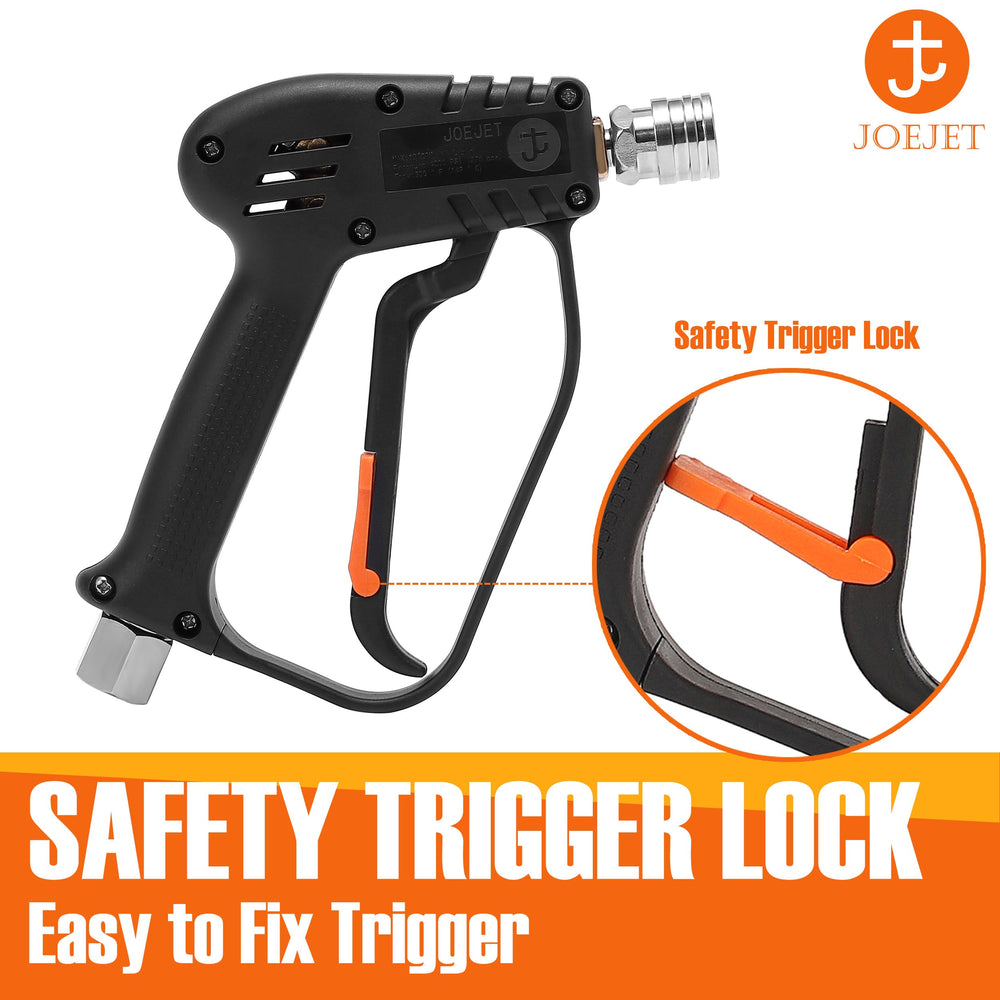 JOEJET locking handle closeup demonstrating secure trigger lock for reduced fatigue