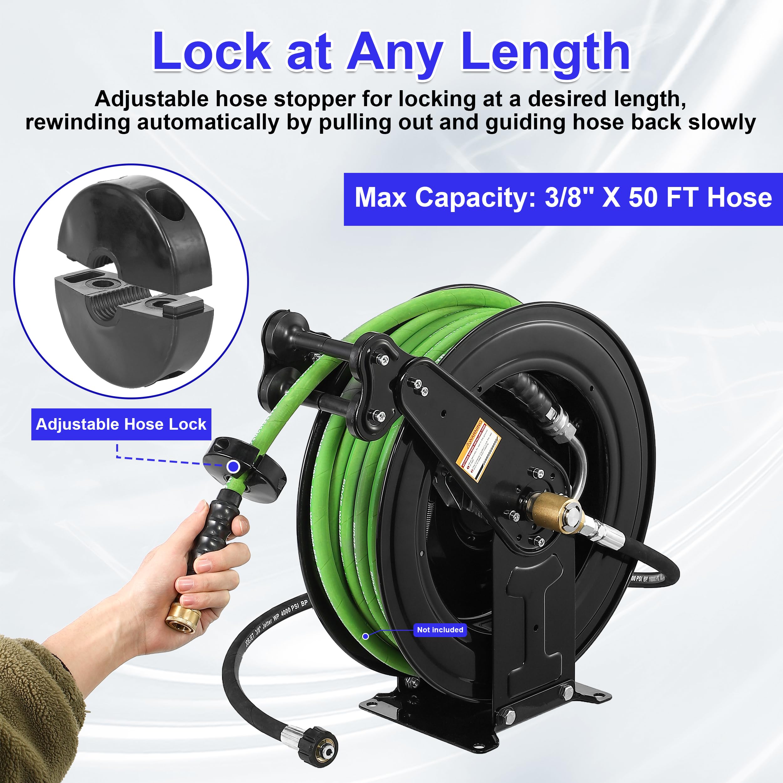 JOEJET reel in use with pressure washer demonstrating quick retract convenience