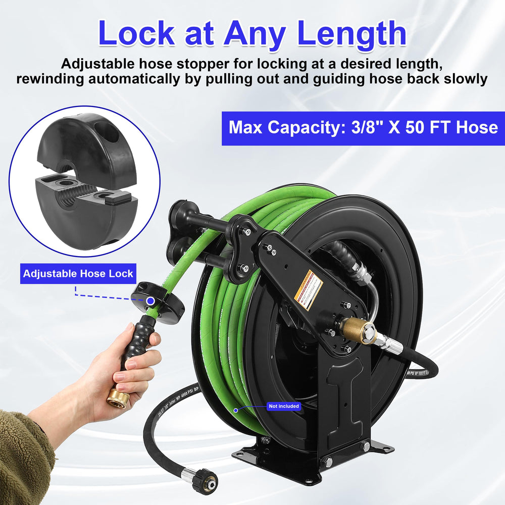 JOEJET reel in use with pressure washer demonstrating quick retract convenience