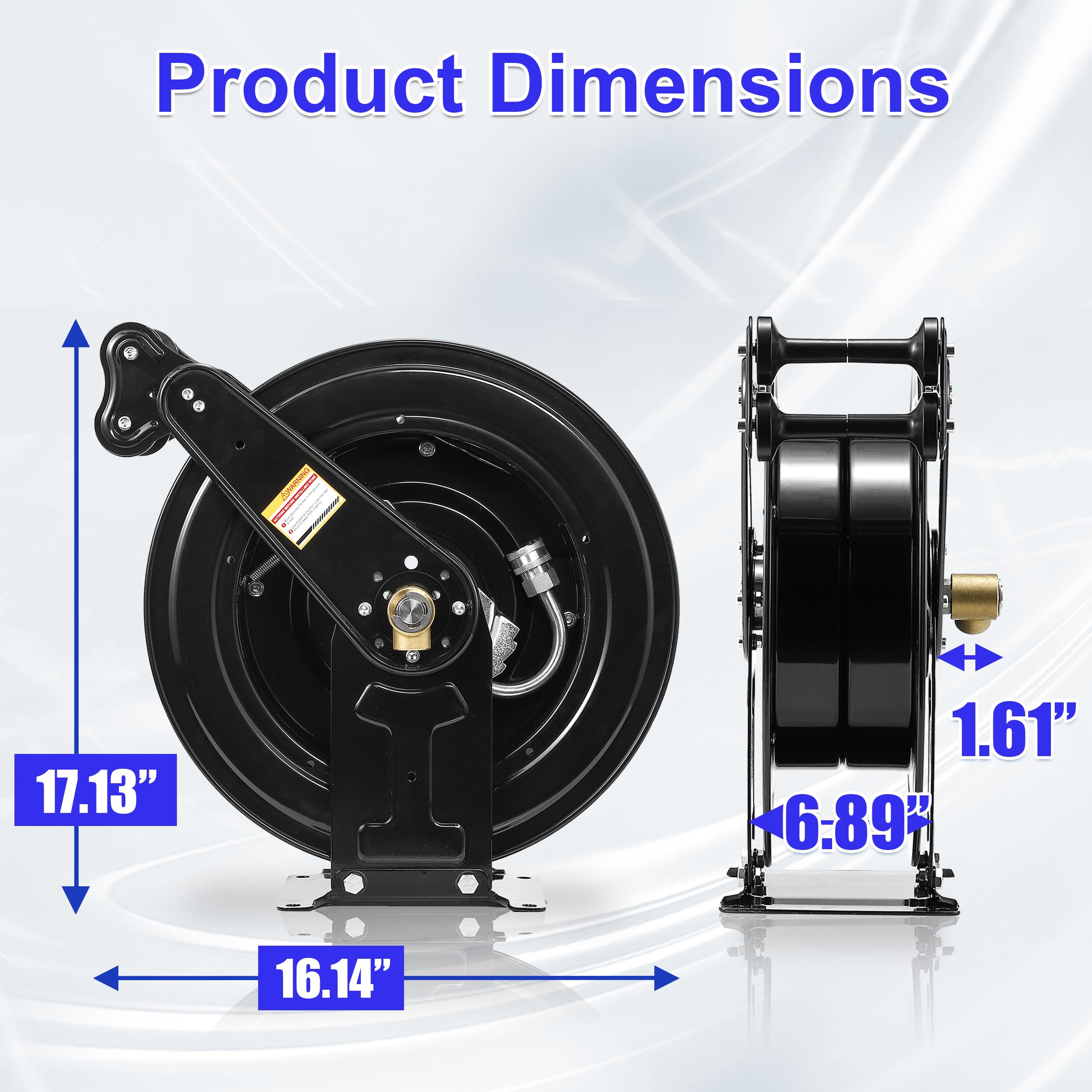 JOEJET reel with coiled hose for size and capacity comparison on bench