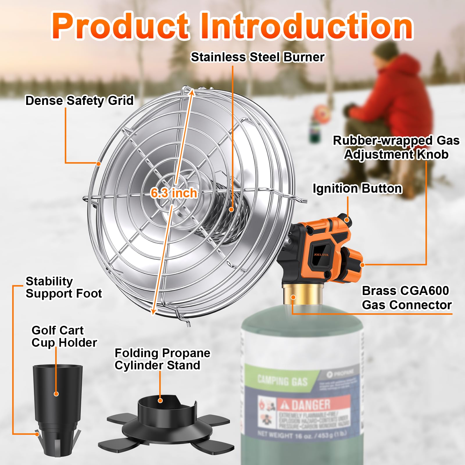JOELITOL heater on foldable cylinder stand offering stable heat outdoors