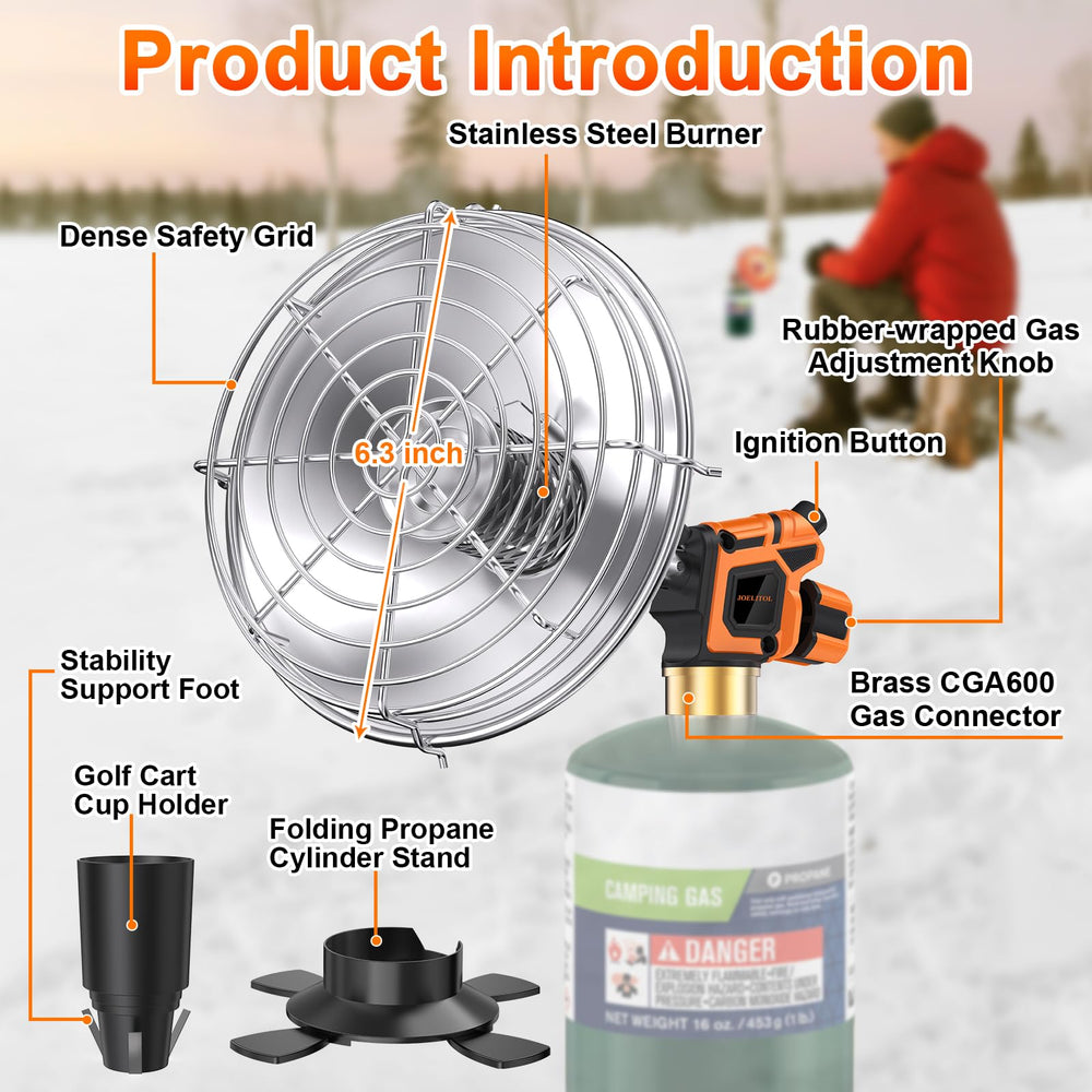 JOELITOL heater on foldable cylinder stand offering stable heat outdoors