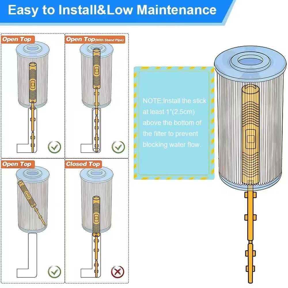Joepoe mineral stick positioned next to hot tub filter highlighting compatibility