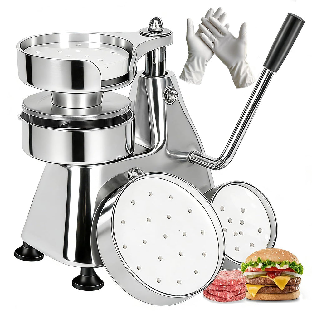 JOHAKYU front view of commercial burger press showing robust frame and controls for reliability