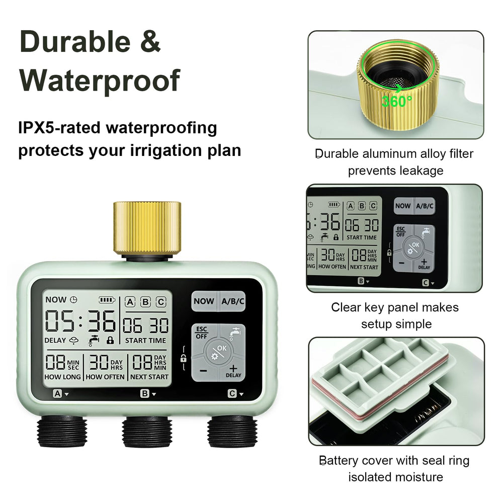 johgee connected to garden hose demonstrating hands-free scheduled irrigation