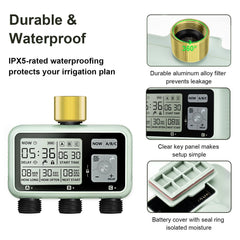 johgee connected to garden hose demonstrating hands-free scheduled irrigation