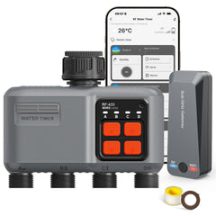 johgee front view of the 4-zone timer showing outlets and display for easy control