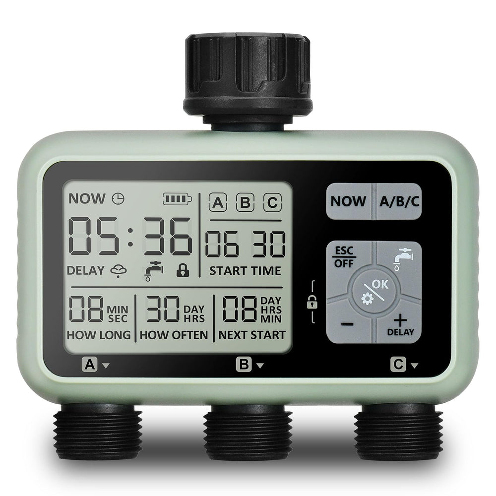 johgee front view of timer showing three outlets and housing, durable outdoor design