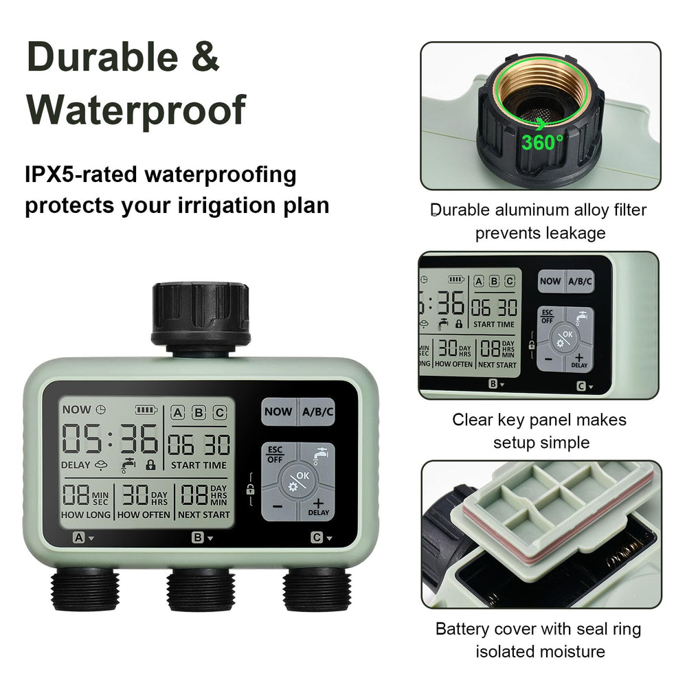 johgee irrigation timer in use with sprinklers running for efficient watering