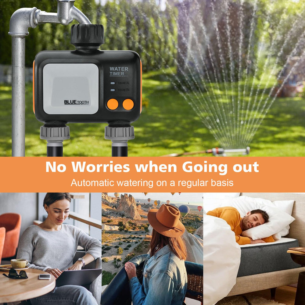 johgee watering lawn from hose illustrating automated irrigation saving time and effort