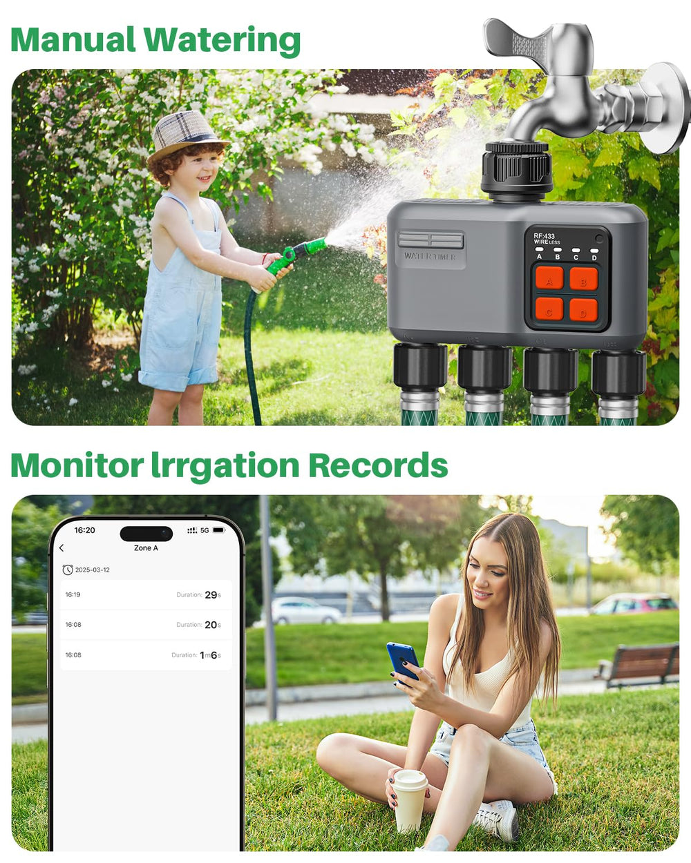 johgee lifestyle backyard scene showing automated watering keeping plants healthy