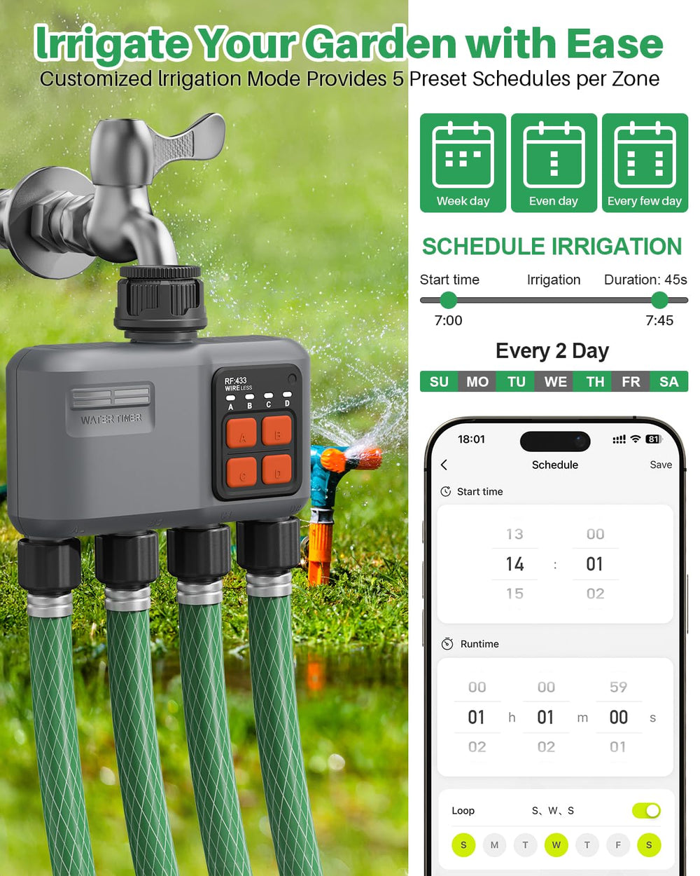 johgee timer beside garden hose for size comparison and easy installation benefit