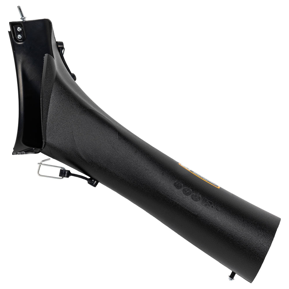 John Deere side profile of lower bagger chute showing correct angle and airflow benefit
