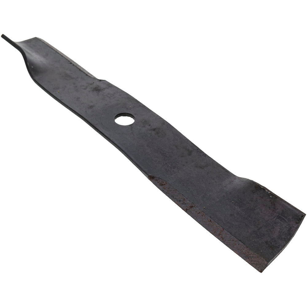 John Deere blades next to ruler and label showing correct size and part number