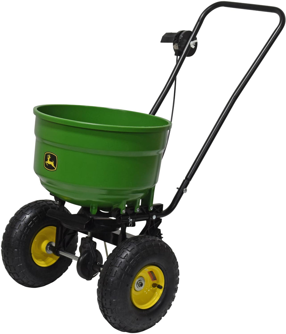 John Deere front view of spreader showing robust frame and hopper for efficient coverage