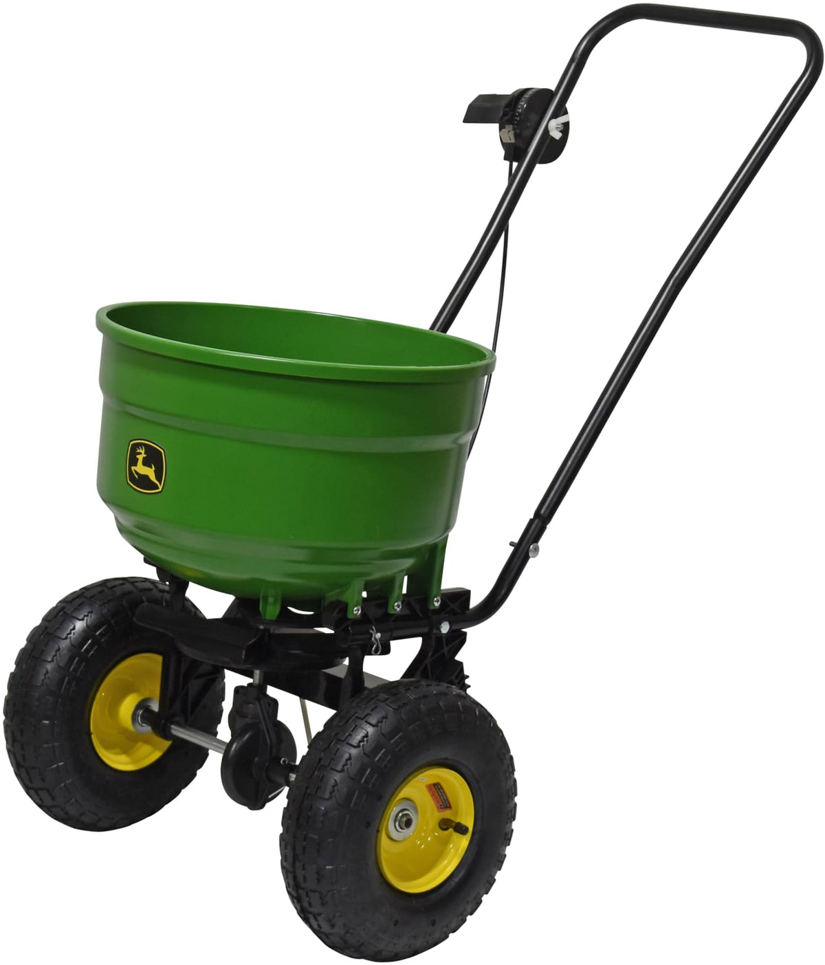 John Deere front view of spreader showing robust frame and hopper for efficient coverage