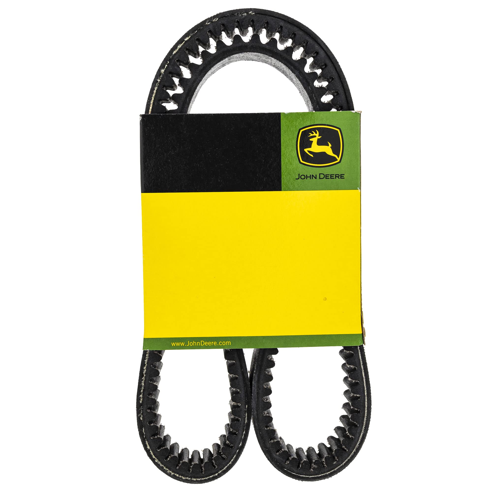 John Deere drive belt front packaging showing OEM badge and secure fit benefit