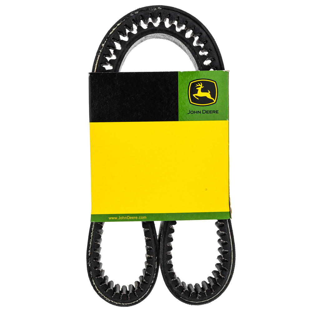 John Deere drive belt front packaging showing OEM badge and secure fit benefit