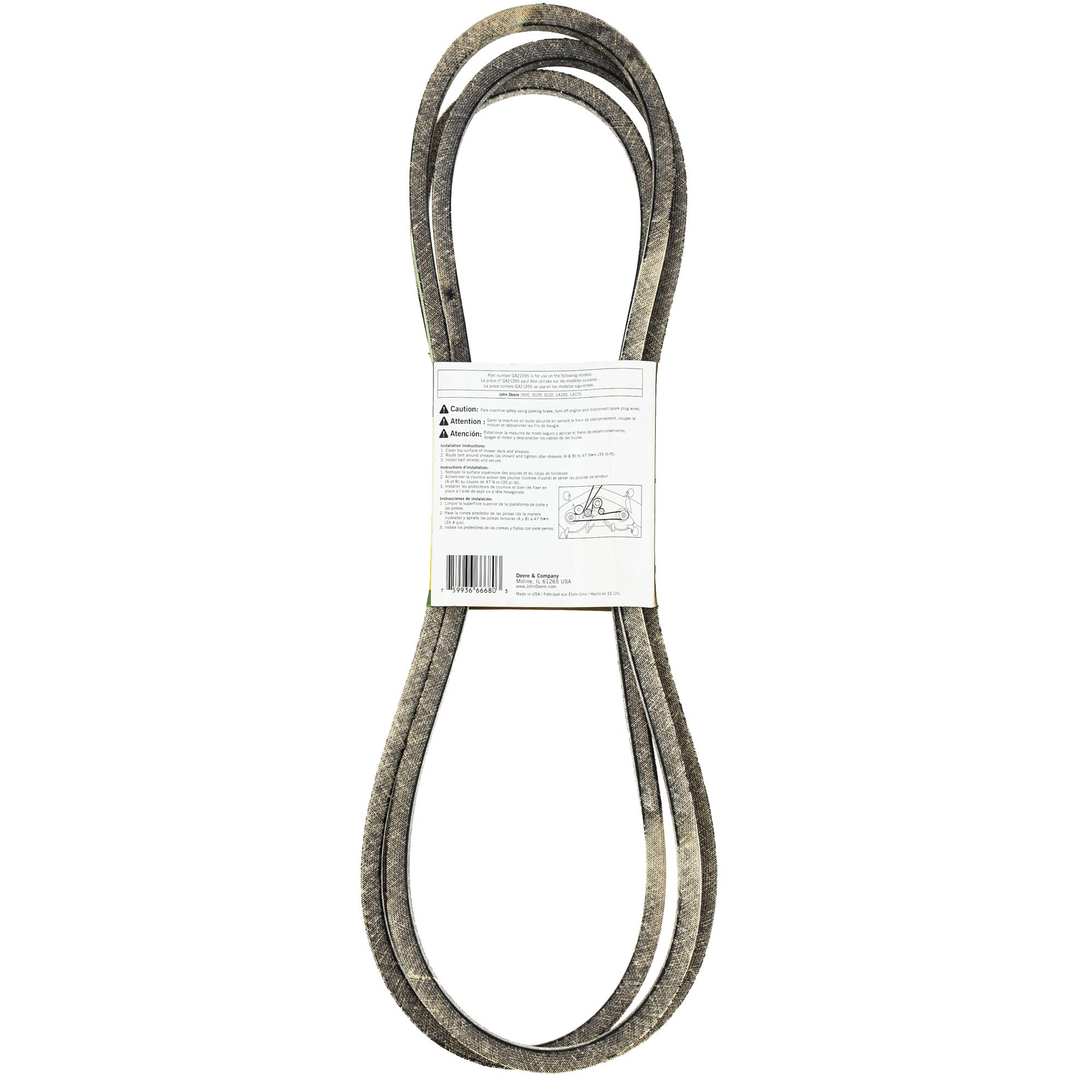 John Deere GX21395 close-up of belt edge displaying durable finish to resist fraying