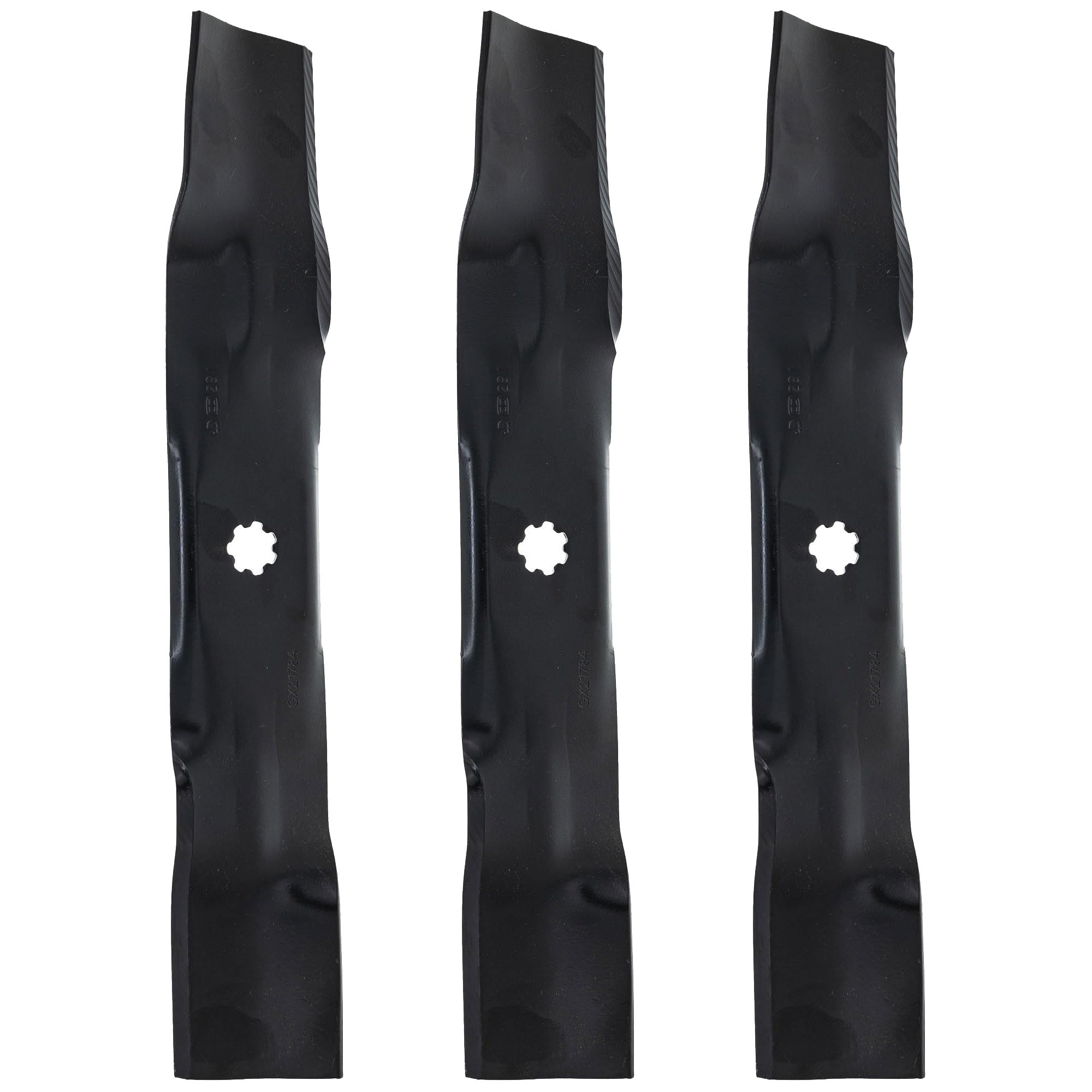 John Deere GX21784 blades front view showing packaged three-pack for easy replacement