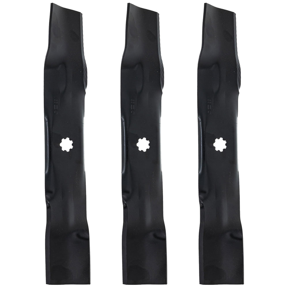 John Deere GX21784 blades front view showing packaged three-pack for easy replacement