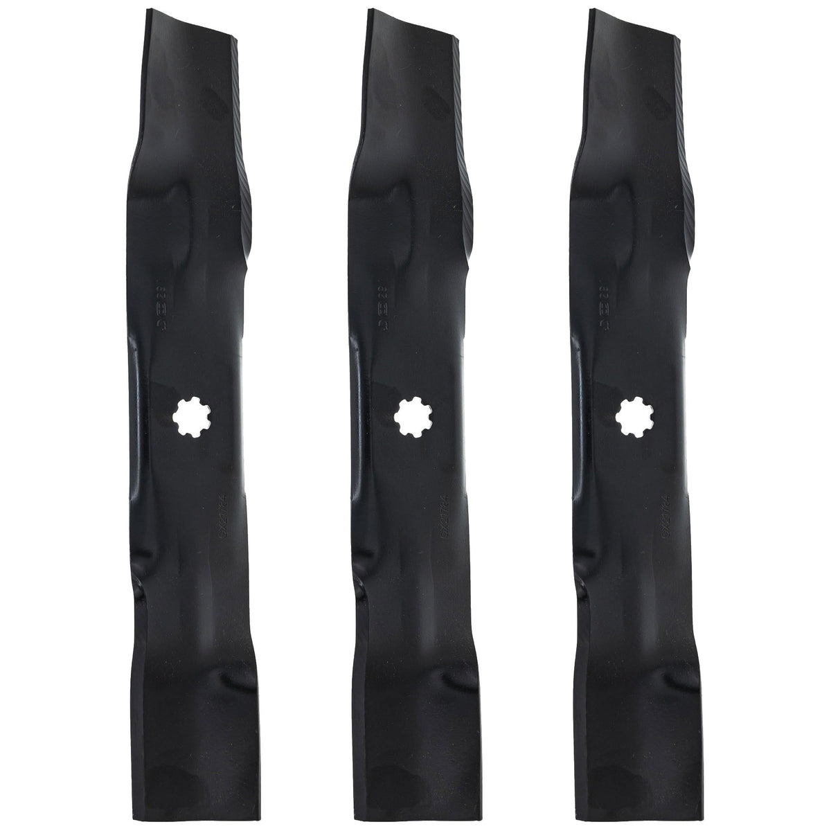 John Deere GX21784 blades front view showing packaged three-pack for easy replacement