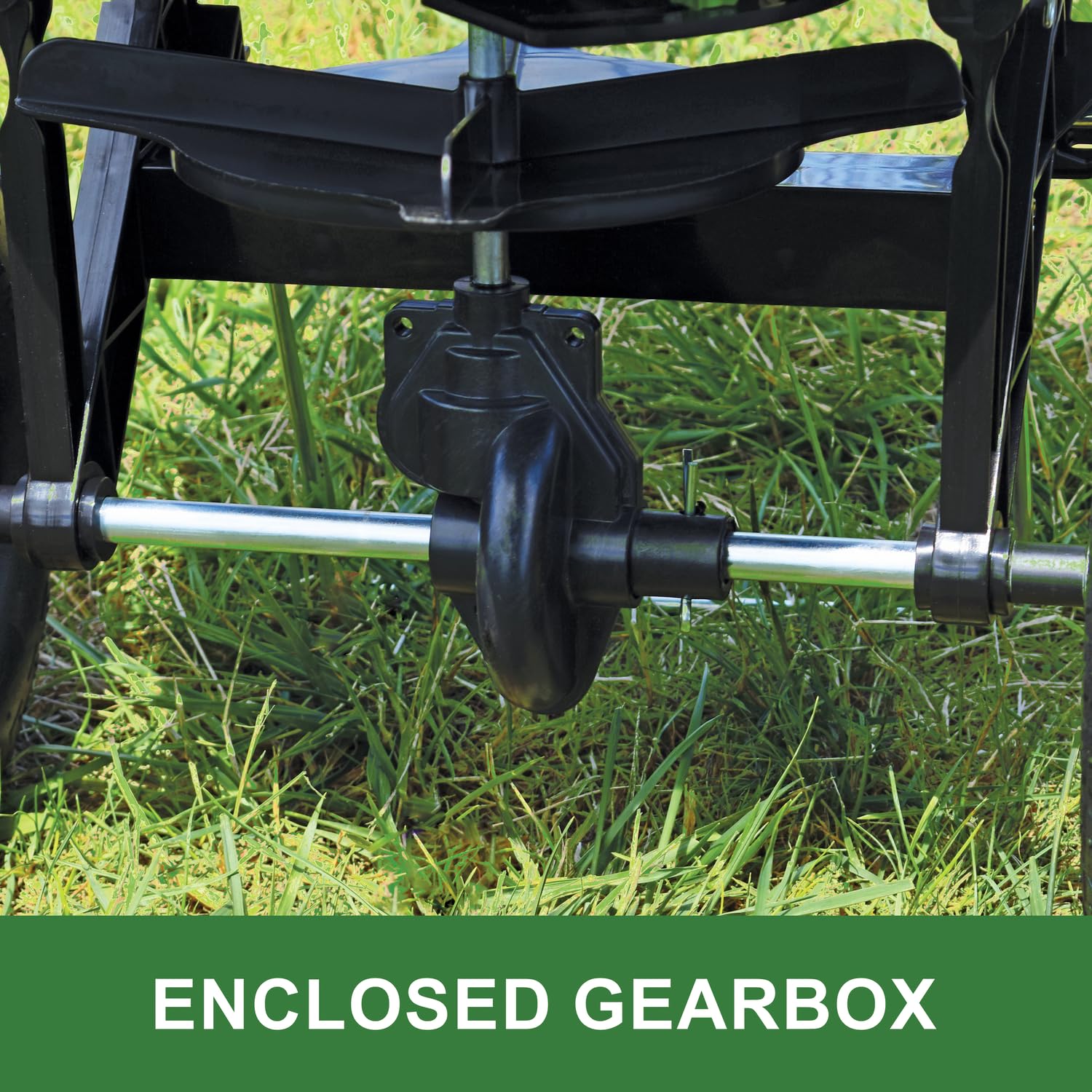 John Deere hopper close-up showing 60 lb no-rust poly for long-lasting outdoor use