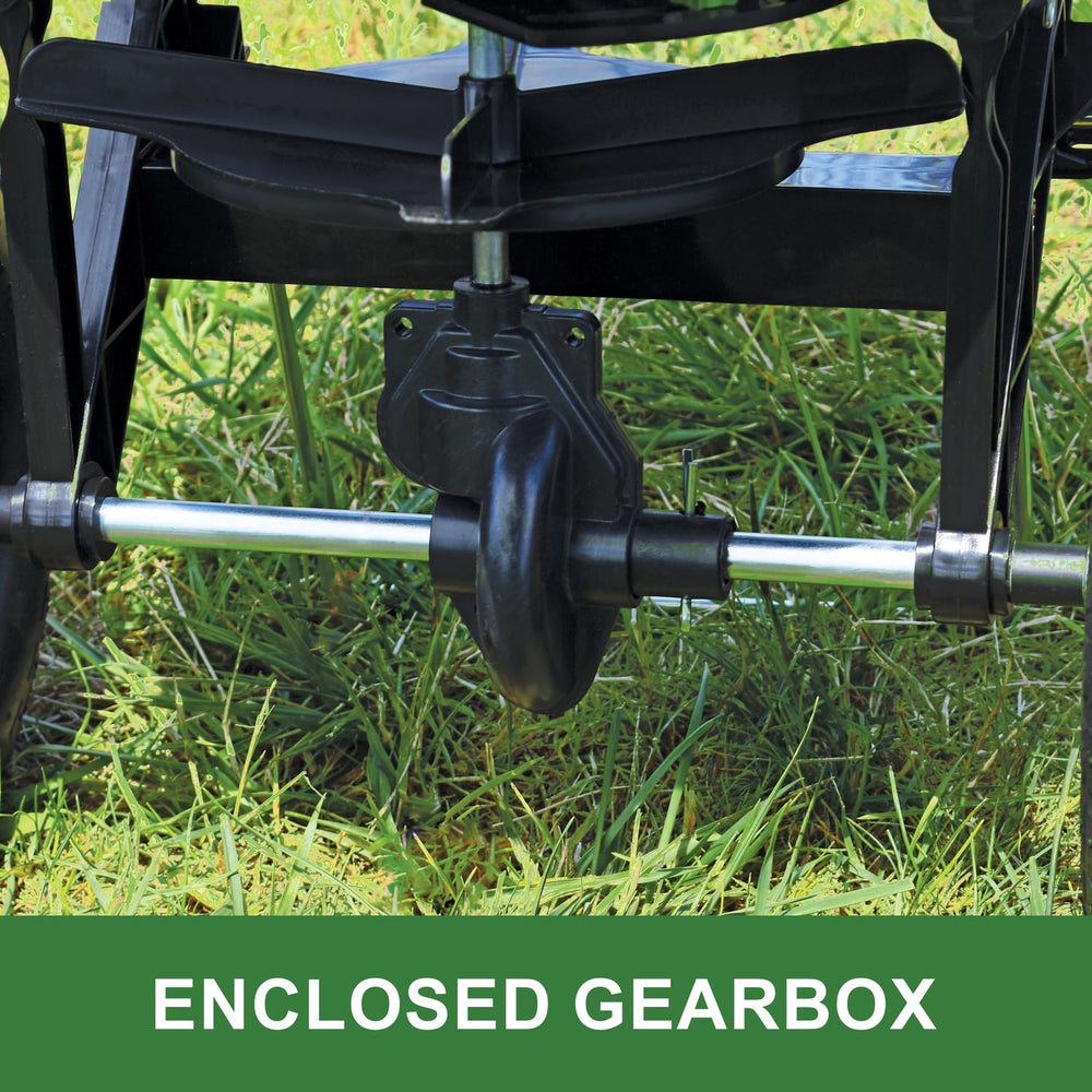 John Deere hopper close-up showing 60 lb no-rust poly for long-lasting outdoor use