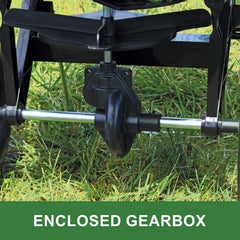 John Deere hopper close-up showing 60 lb no-rust poly for long-lasting outdoor use
