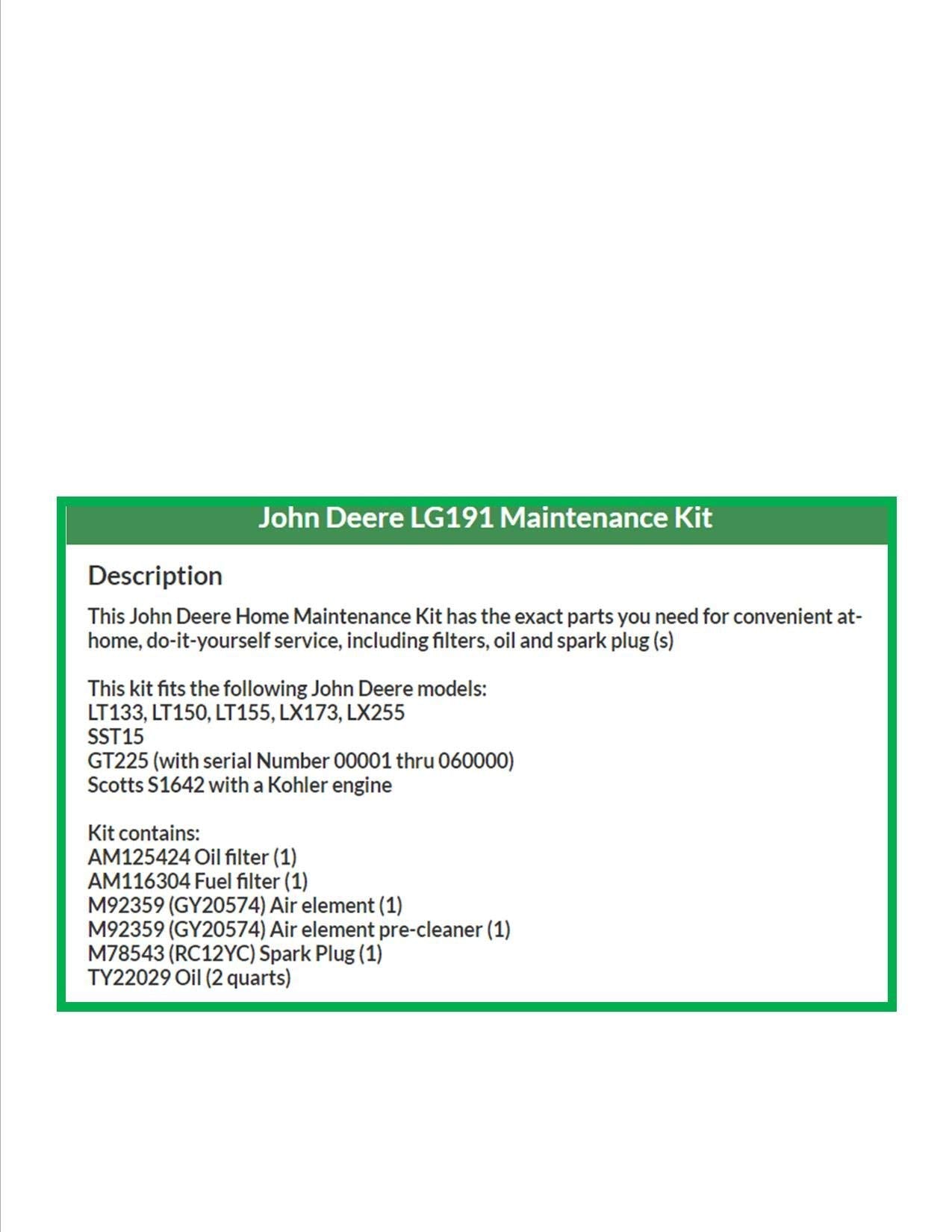 John Deere LG191 parts laid out: filters, spark plug, and oil for easy DIY service
