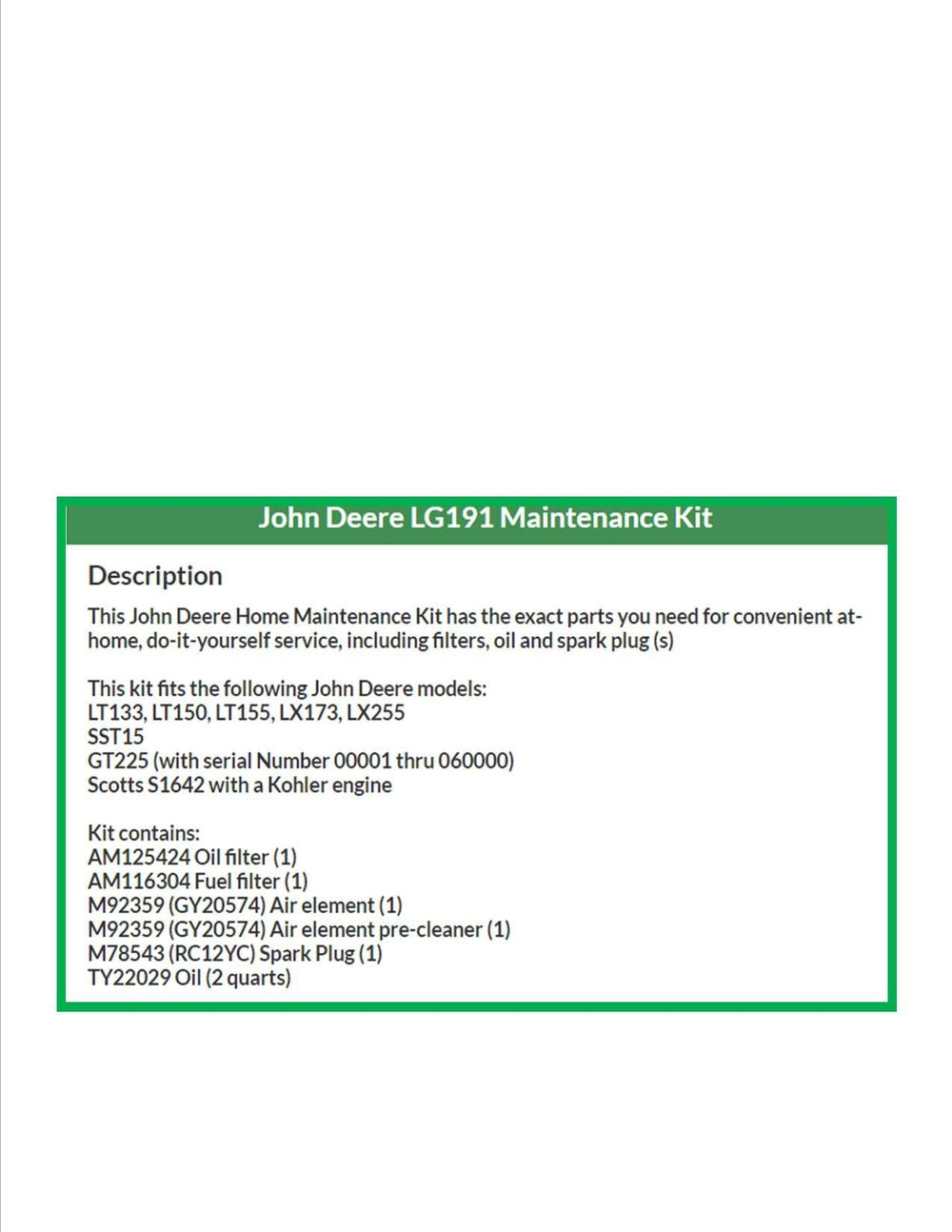 John Deere LG191 parts laid out: filters, spark plug, and oil for easy DIY service