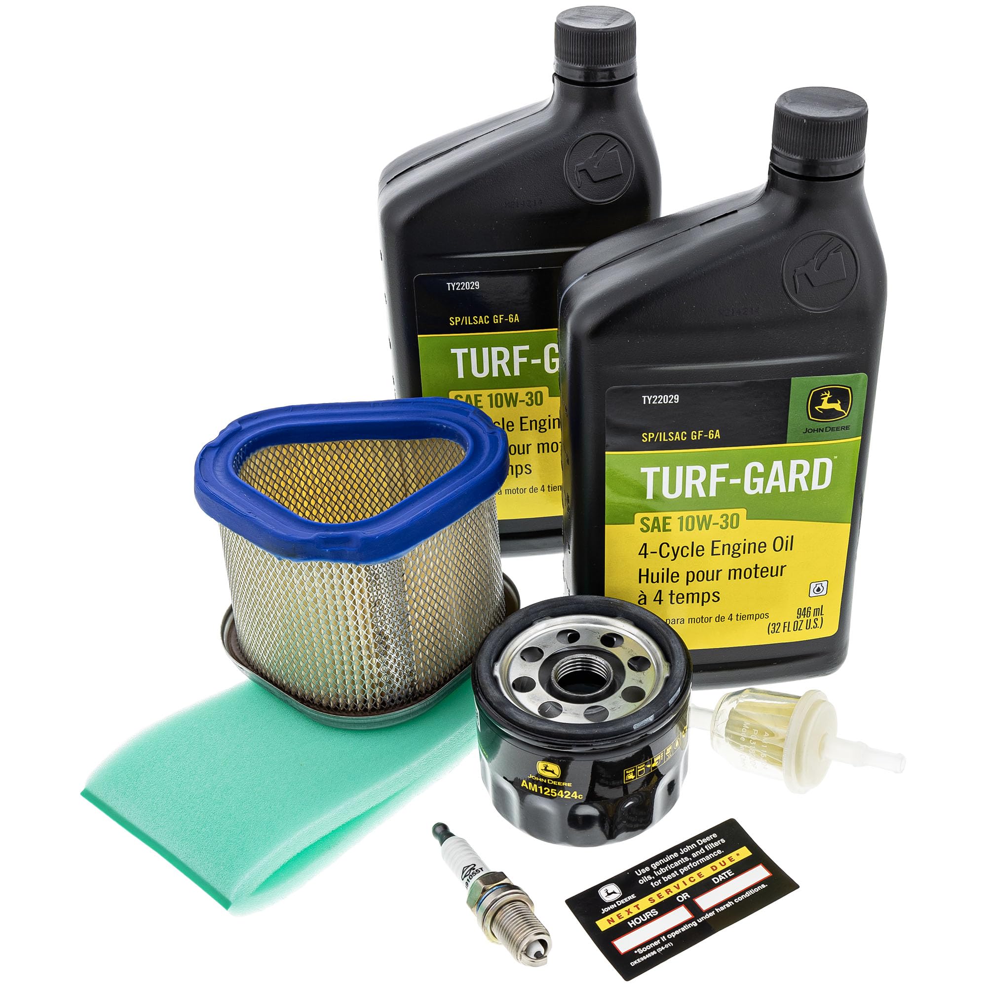 John Deere oil and AM125424 oil filter close-up for clean lubrication