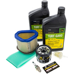 John Deere oil and AM125424 oil filter close-up for clean lubrication