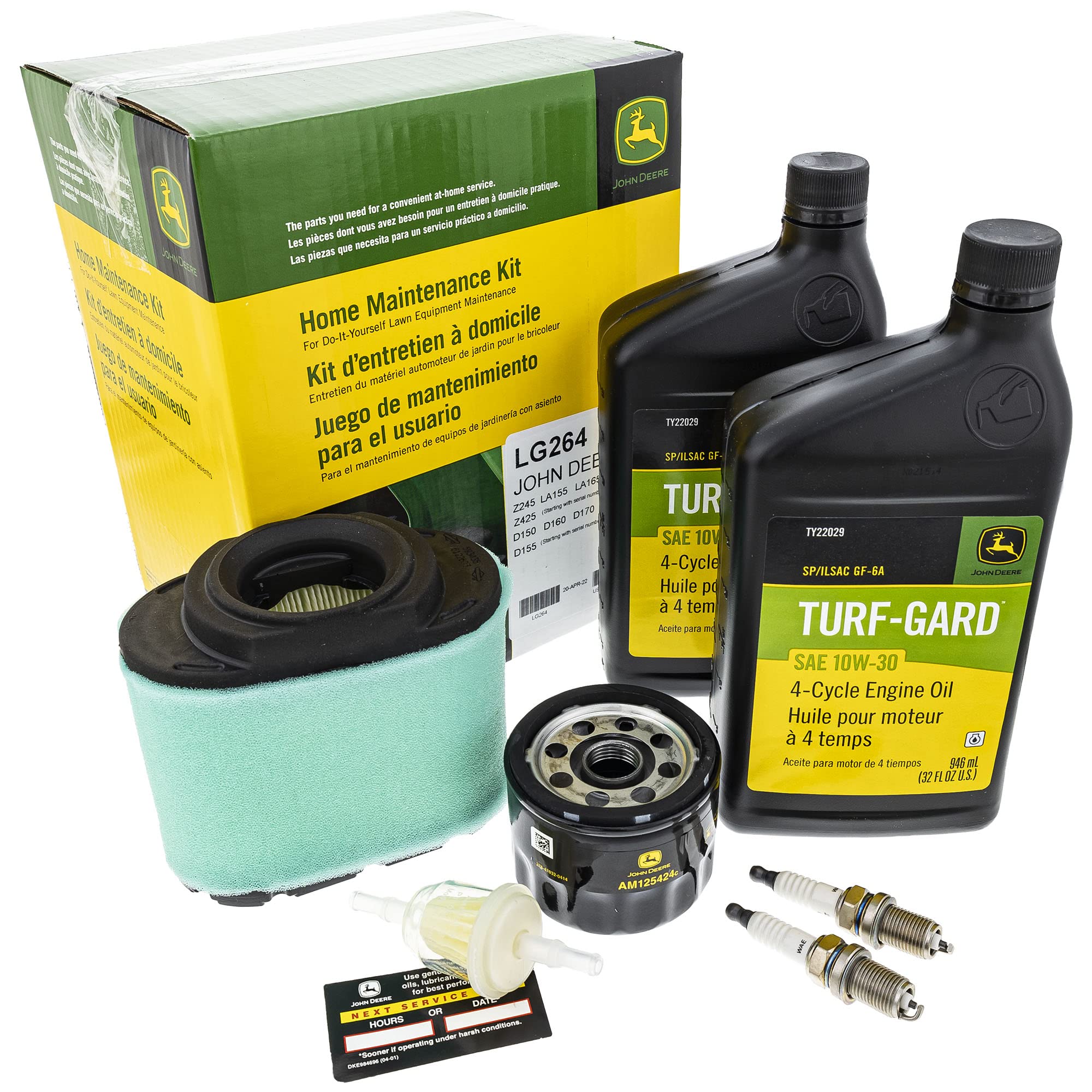 John Deere LG264 front packaging showing kit contents and easy service