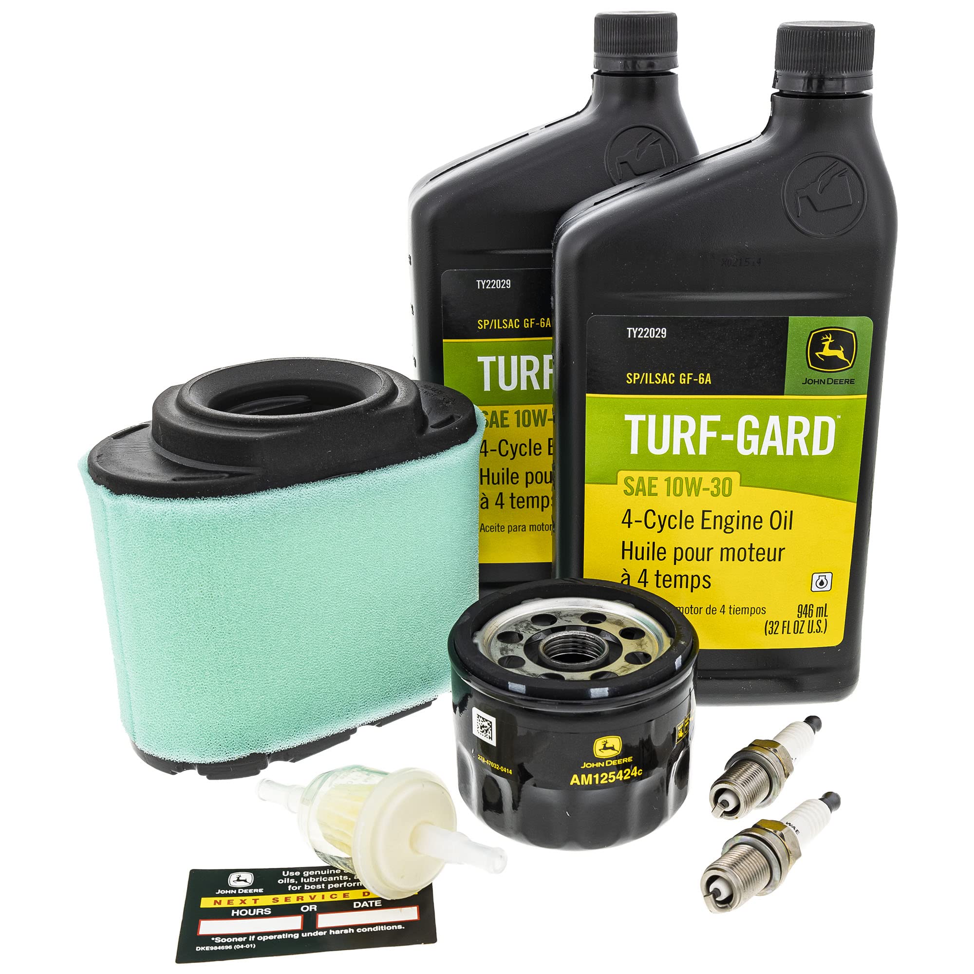 John Deere two quarts 10W-30 oil visible for proper engine lubrication
