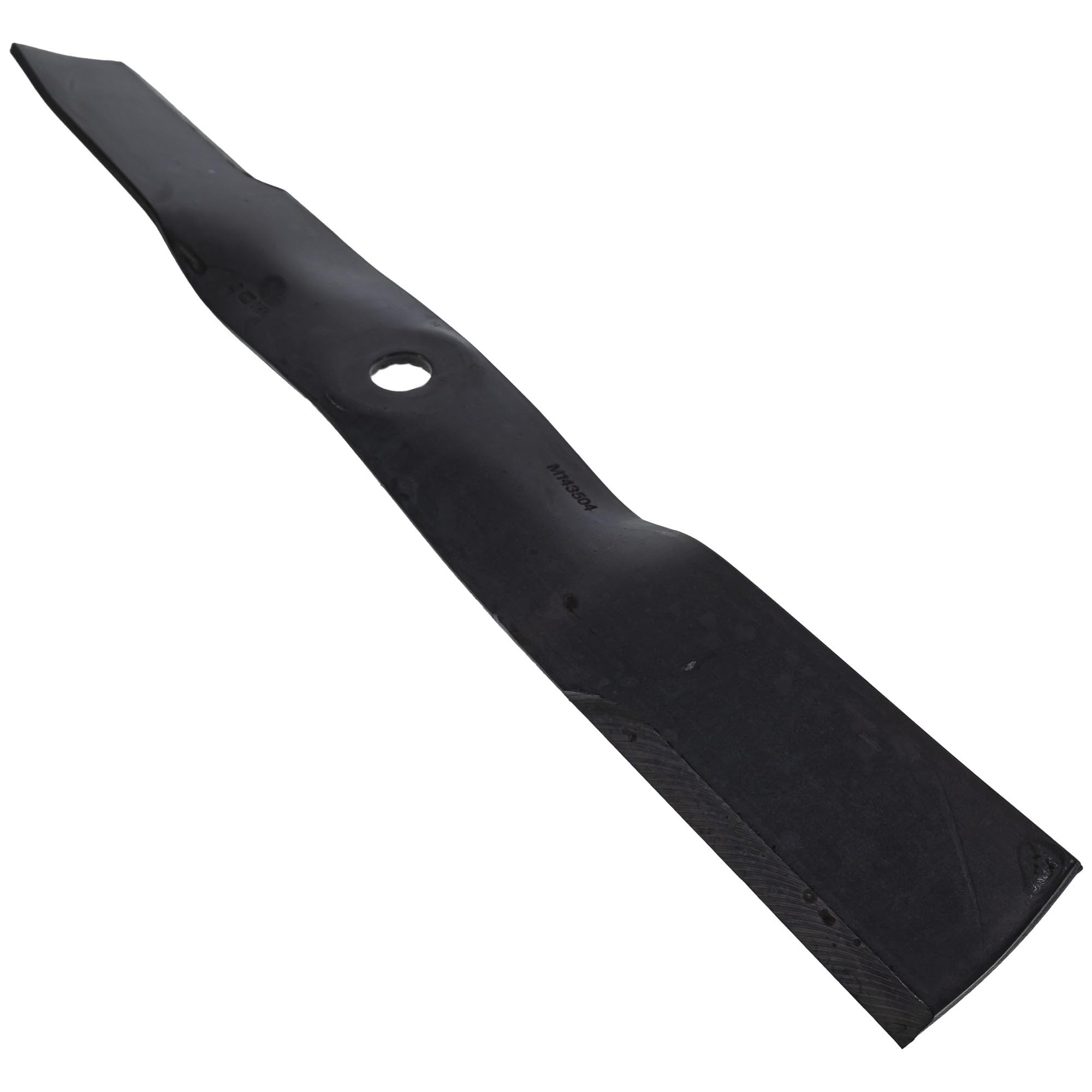 John Deere M143504 blades next to ruler showing size for correct replacement