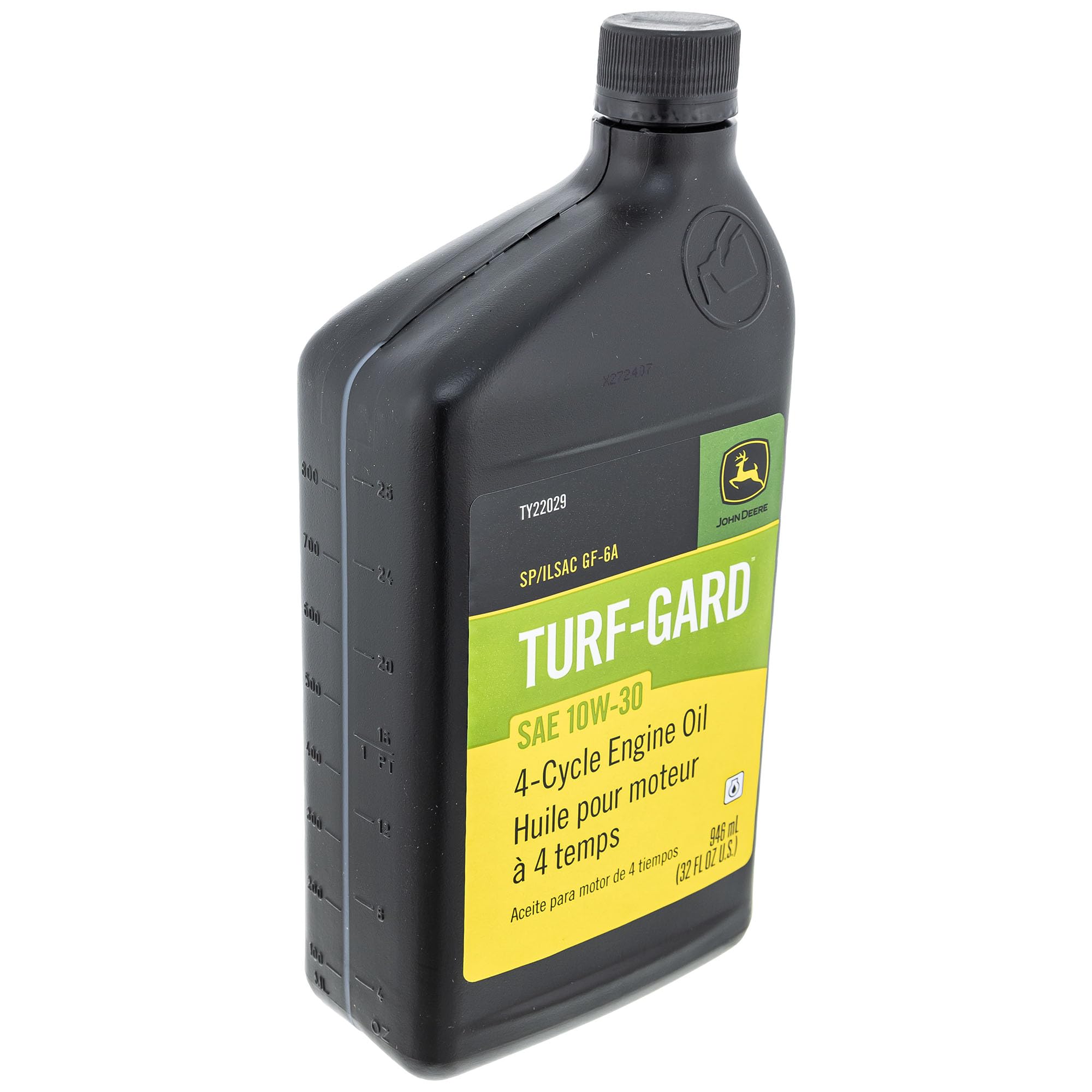 John Deere oil quarts label visible offering correct grade and protection