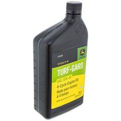 John Deere oil quarts label visible offering correct grade and protection