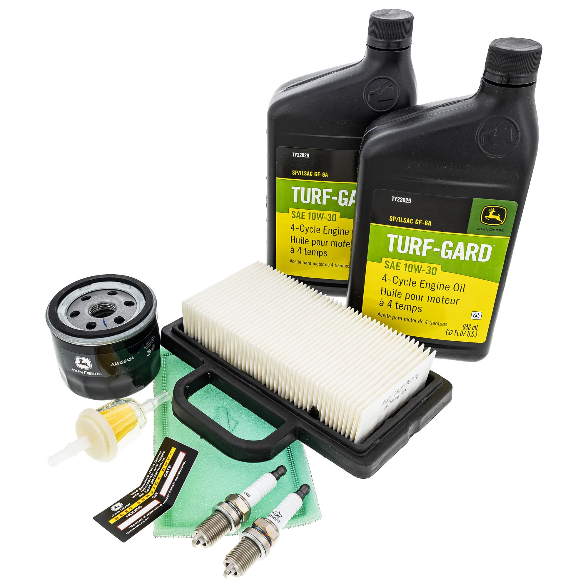 John Deere two quarts of 10W-30 oil close-up illustrating correct viscosity