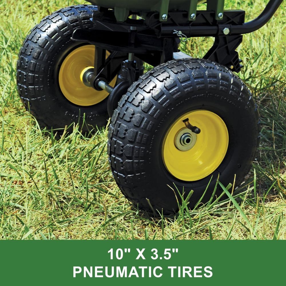 John Deere pneumatic tire detail showing smoother rolling over uneven lawns