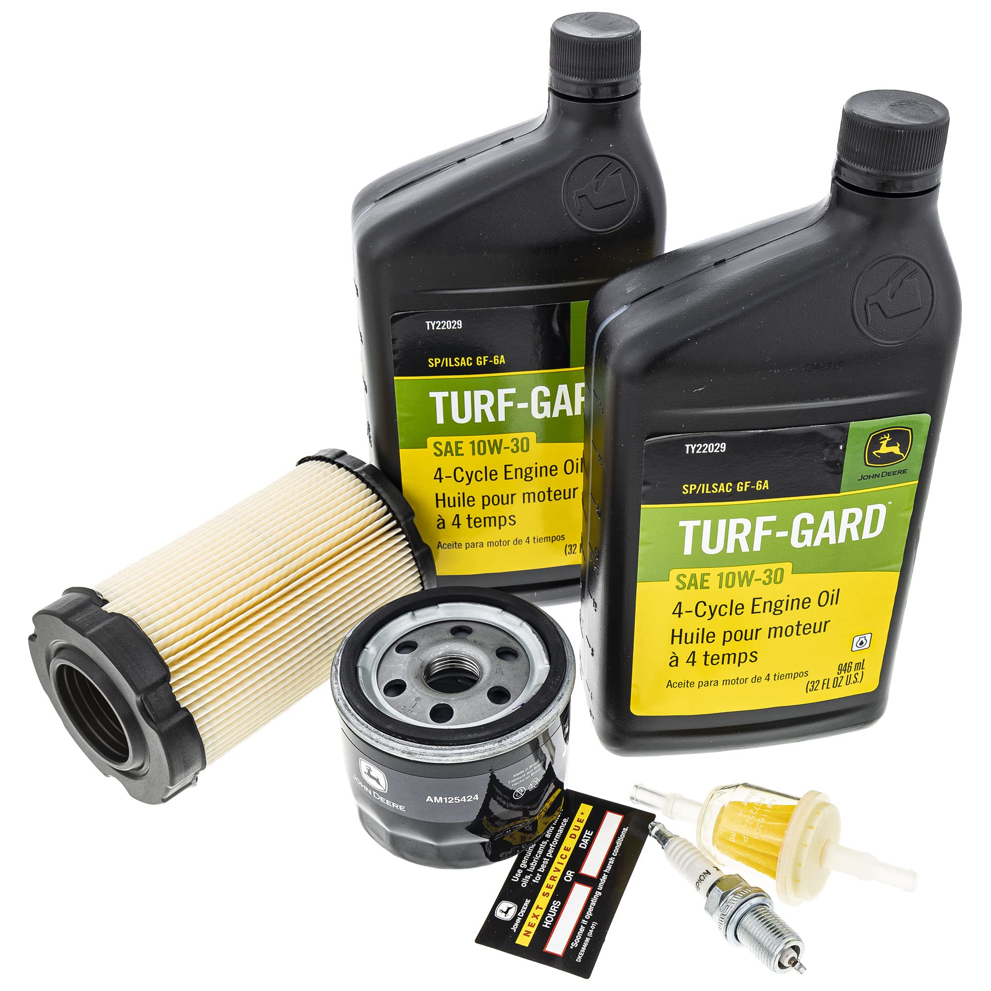 John Deere Turf Gard 10W-30 quarts displayed upright for correct viscosity protection