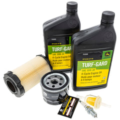 John Deere Turf Gard 10W-30 quarts displayed upright for correct viscosity protection