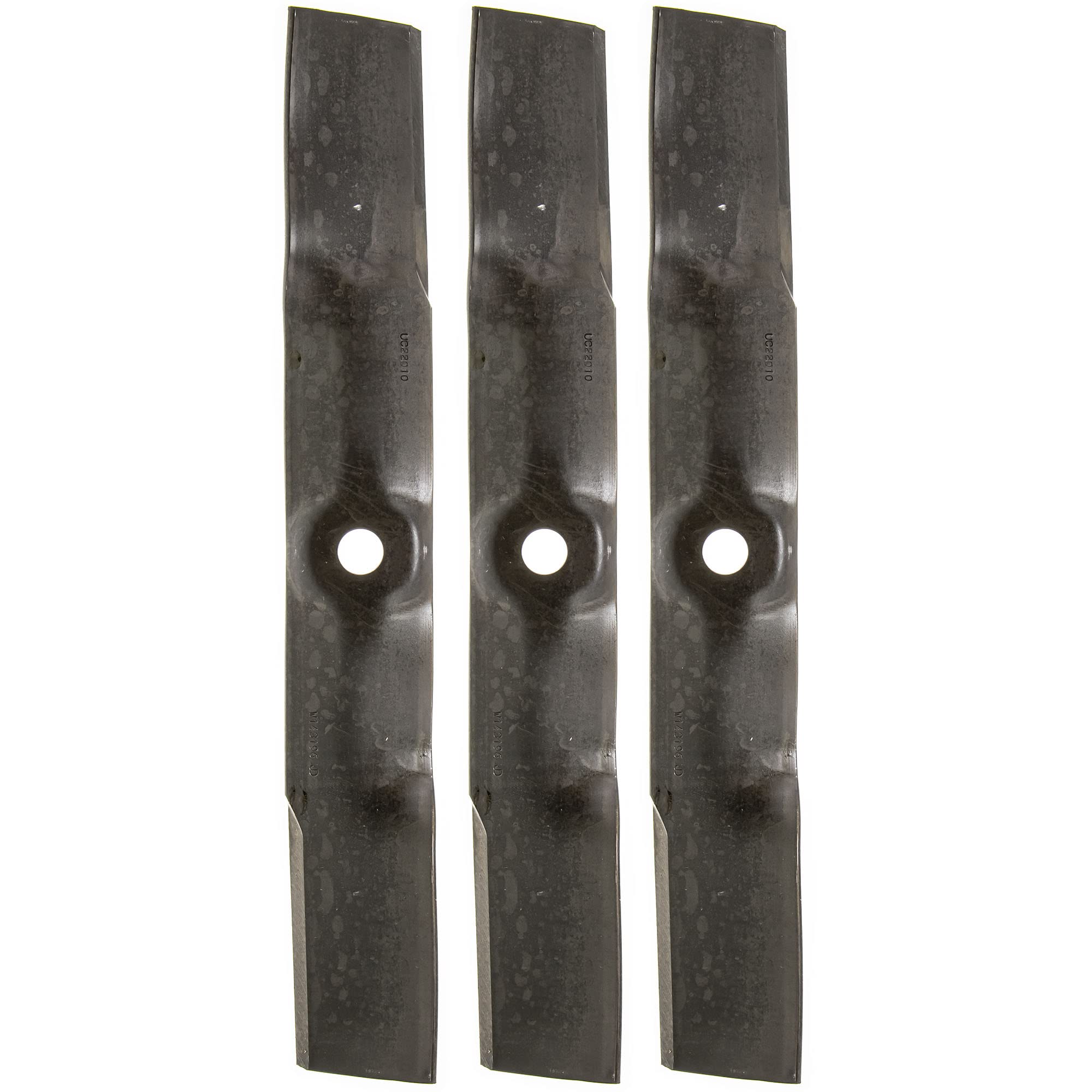 John Deere UC22010 three-pack front view showing packaging and blades, durable replacement