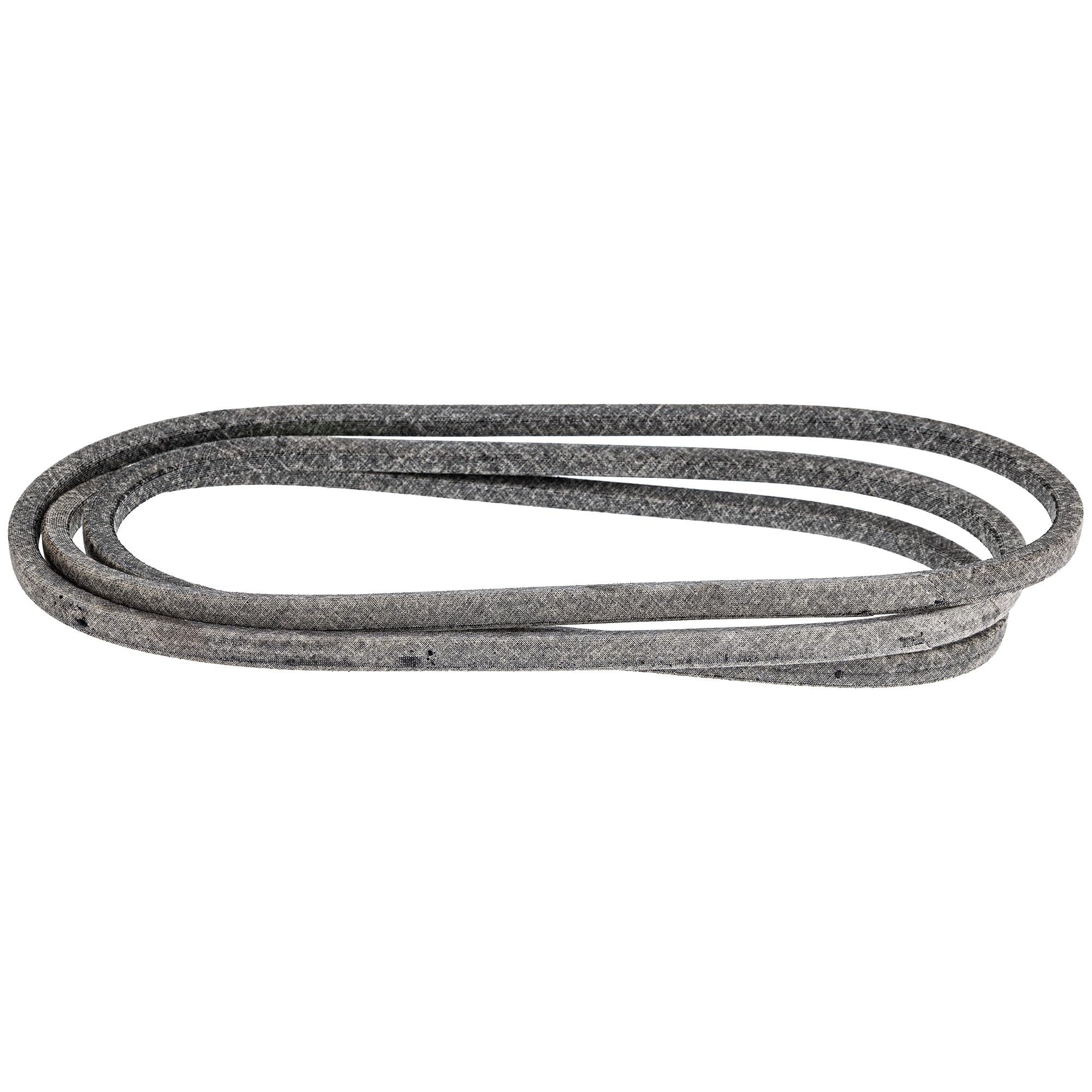 John Deere belt beside measuring tape showing 5/8 inch width and 115 inch length for exact fit