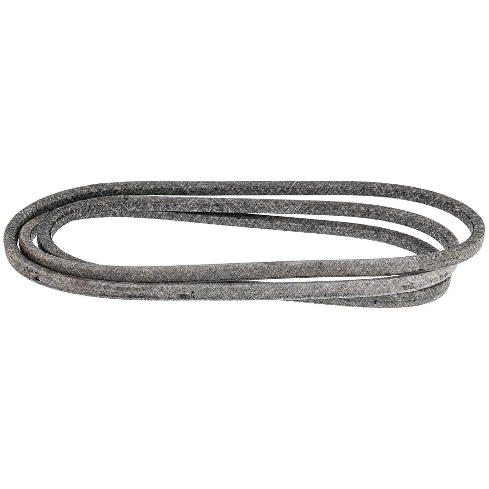 John Deere belt beside measuring tape showing 5/8 inch width and 115 inch length for exact fit