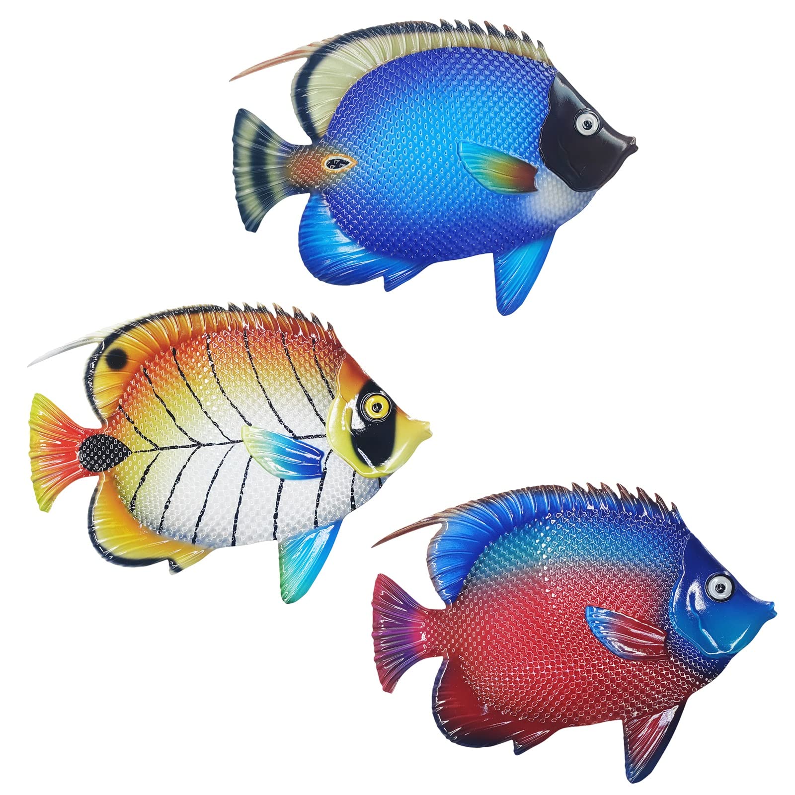 John's Studio front view of colorful metal fish trio showing vibrant coastal charm