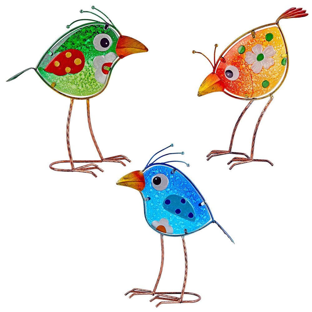John's Studio front view of three bird statues showing bright colors and shapes