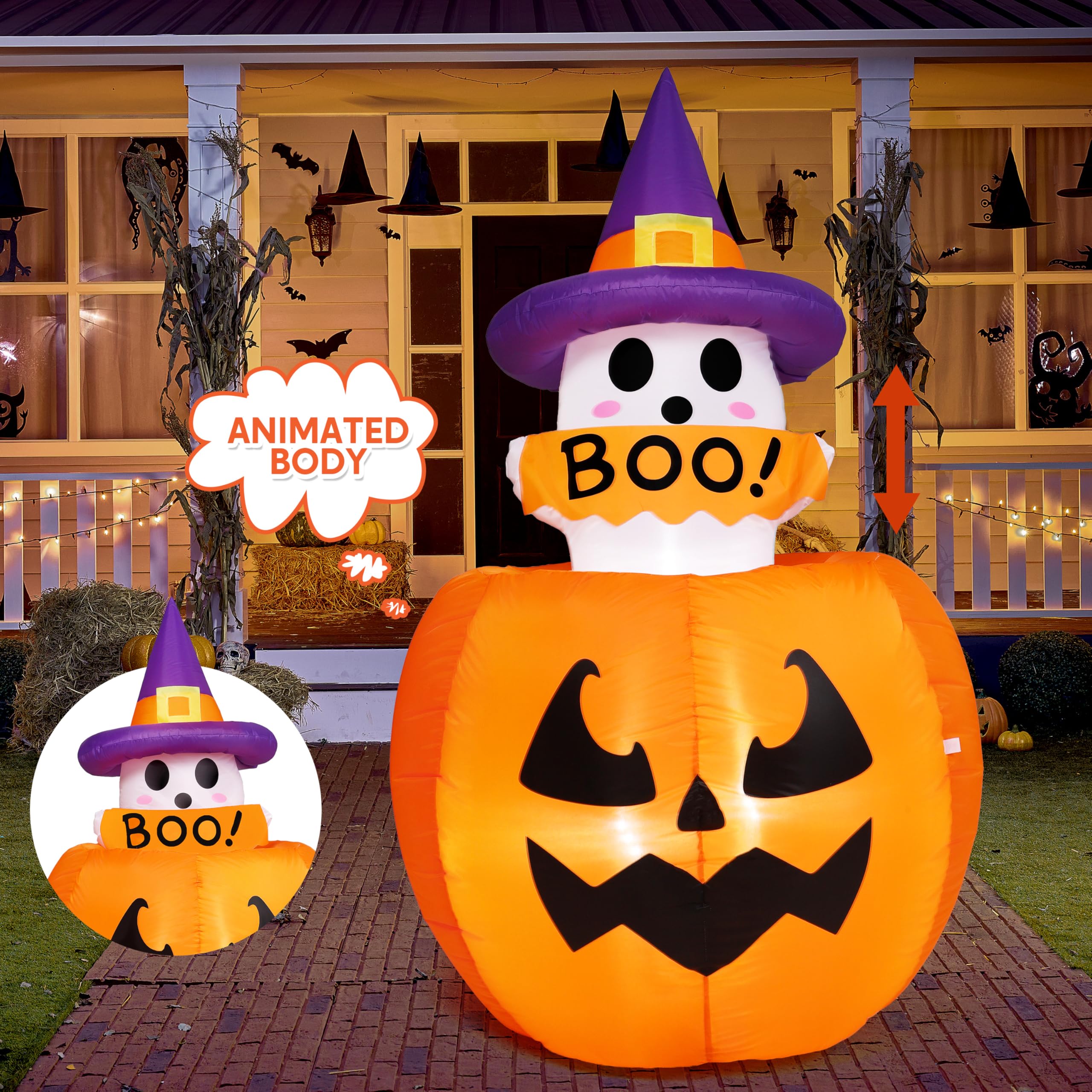 Joiedomi front view inflatable ghost and pumpkin lighting yard appeal